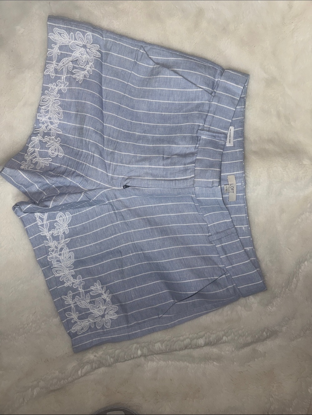 LOFT Light Blue Striped Embroidered Shorts